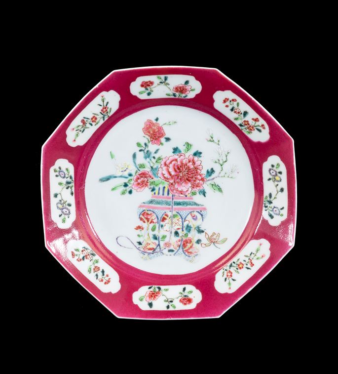 GG: Chinese famille rose semi-eggshell porcelain dinner plate with ruby ground | MasterArt
